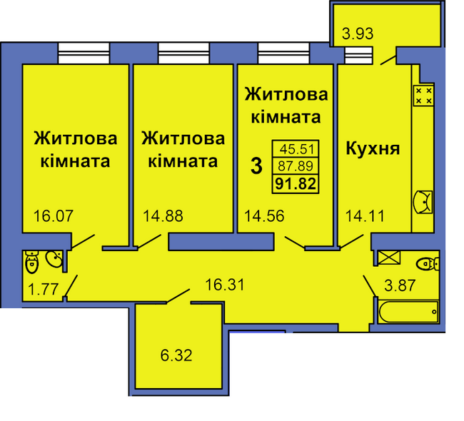 3-кімнатна 91.82 м² в ЖК City Park від 23 000 грн/м², Полтава