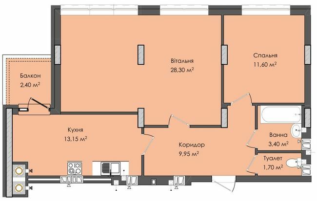 2-кімнатна 71.2 м² в ЖК Комфорт Плюс від 17 800 грн/м², м. Дубляни