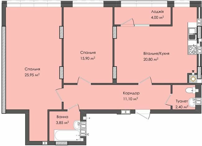 2-комнатная 85.5 м² в ЖК Комфорт Плюс от 17 800 грн/м², г. Дубляны