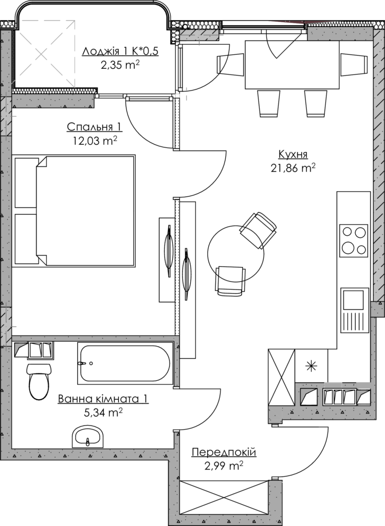 1-комнатная 44.57 м² в ЖК O2 Residence от 27 327 грн/м², Киев