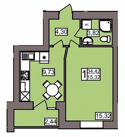 1-комнатная 34.42 м² в ЖК Северный от 11 450 грн/м², Хмельницкий