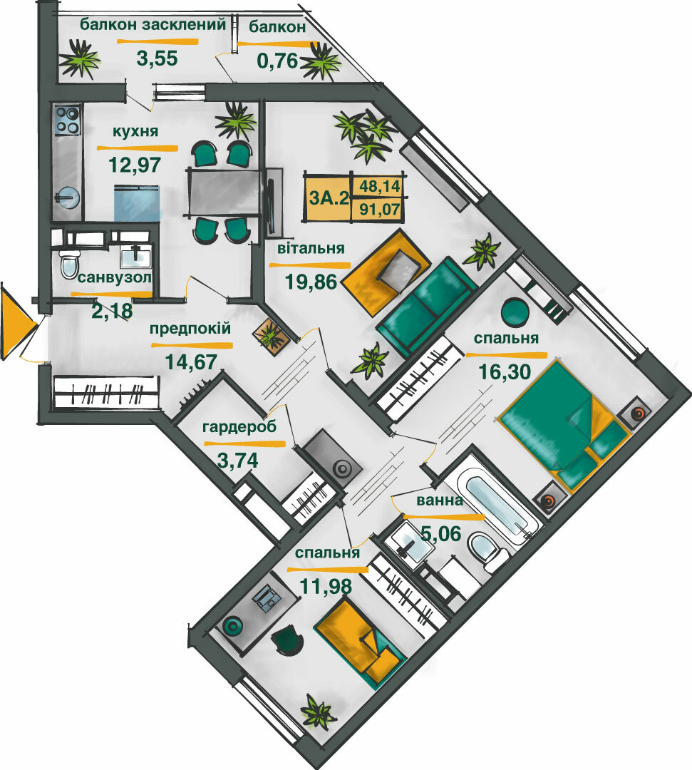 3-кімнатна 91.07 м² в ЖК Сирецькі сади від 30 132 грн/м², Київ