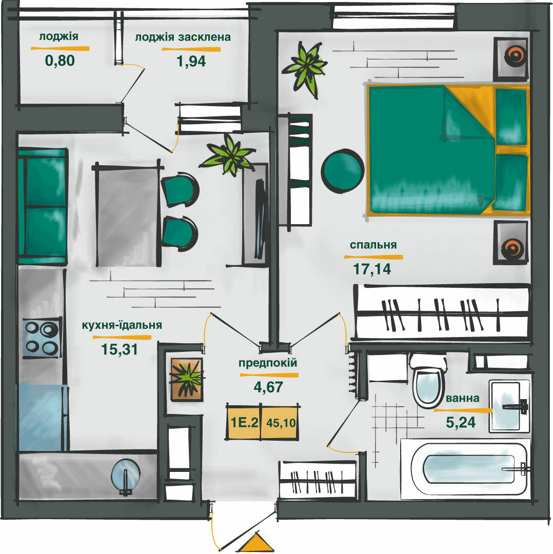 1-кімнатна 45.1 м² в ЖК Сирецькі сади від 42 596 грн/м², Київ