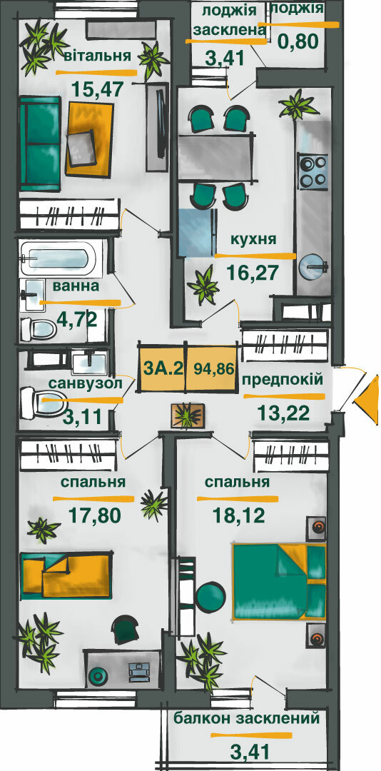 3-кімнатна 94.86 м² в ЖК Сирецькі сади від 31 155 грн/м², Київ