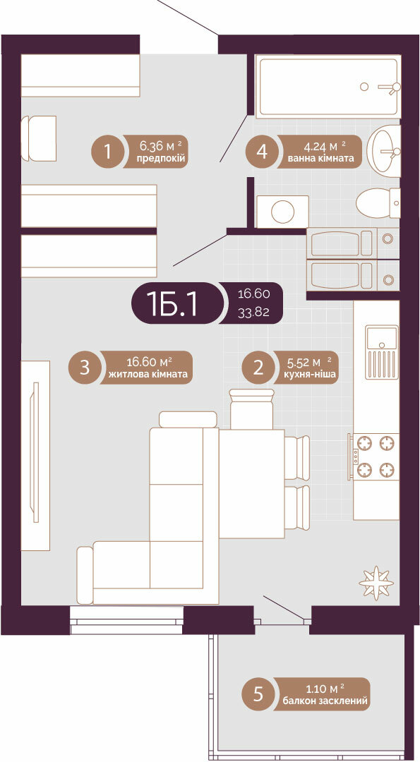 1-комнатная 33.82 м² в ЖК Голосеевский от 61 479 грн/м², Киев