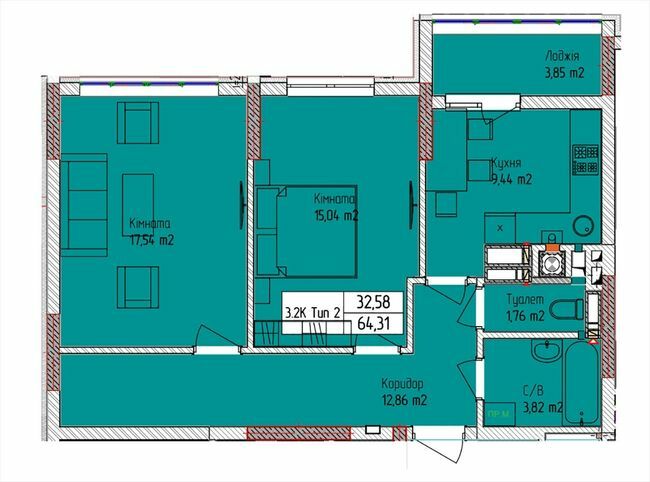 2-кімнатна 64.31 м² в ЖК Піонерський квартал від 27 000 грн/м², м. Вишневе