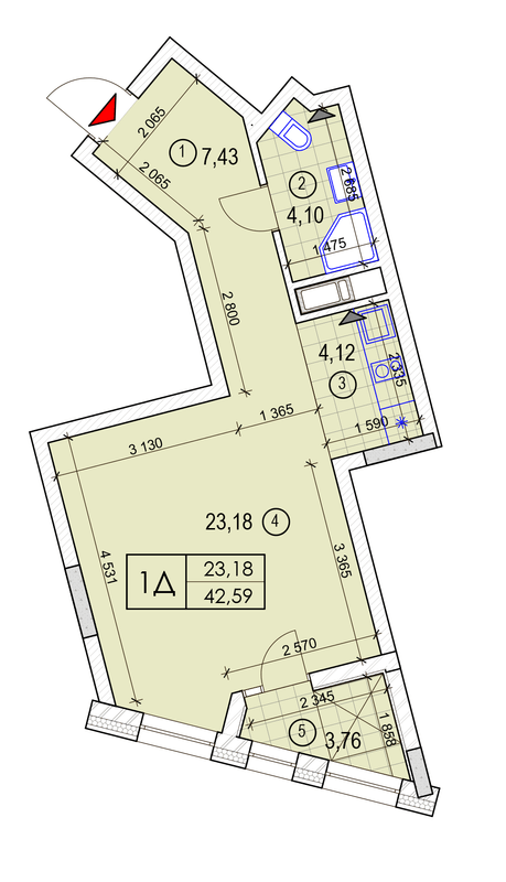 1-комнатная 42.59 м² в ЖК Вежа на Ломоносова от 46 100 грн/м², Киев