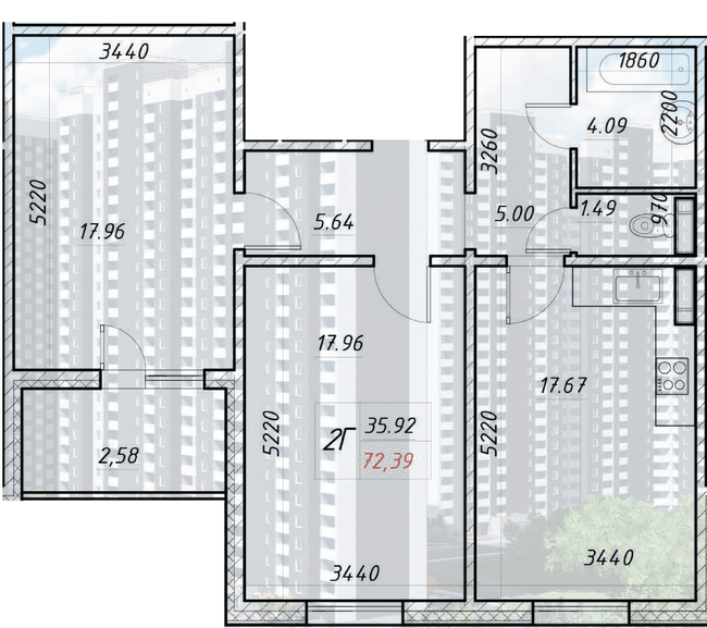 2-комнатная 72.39 м² в ЖК Деснянский от 21 500 грн/м², Киев