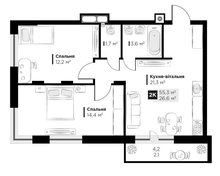 2-кімнатна 55.3 м² в ЖК SILENT PARK від 26 800 грн/м², Львів