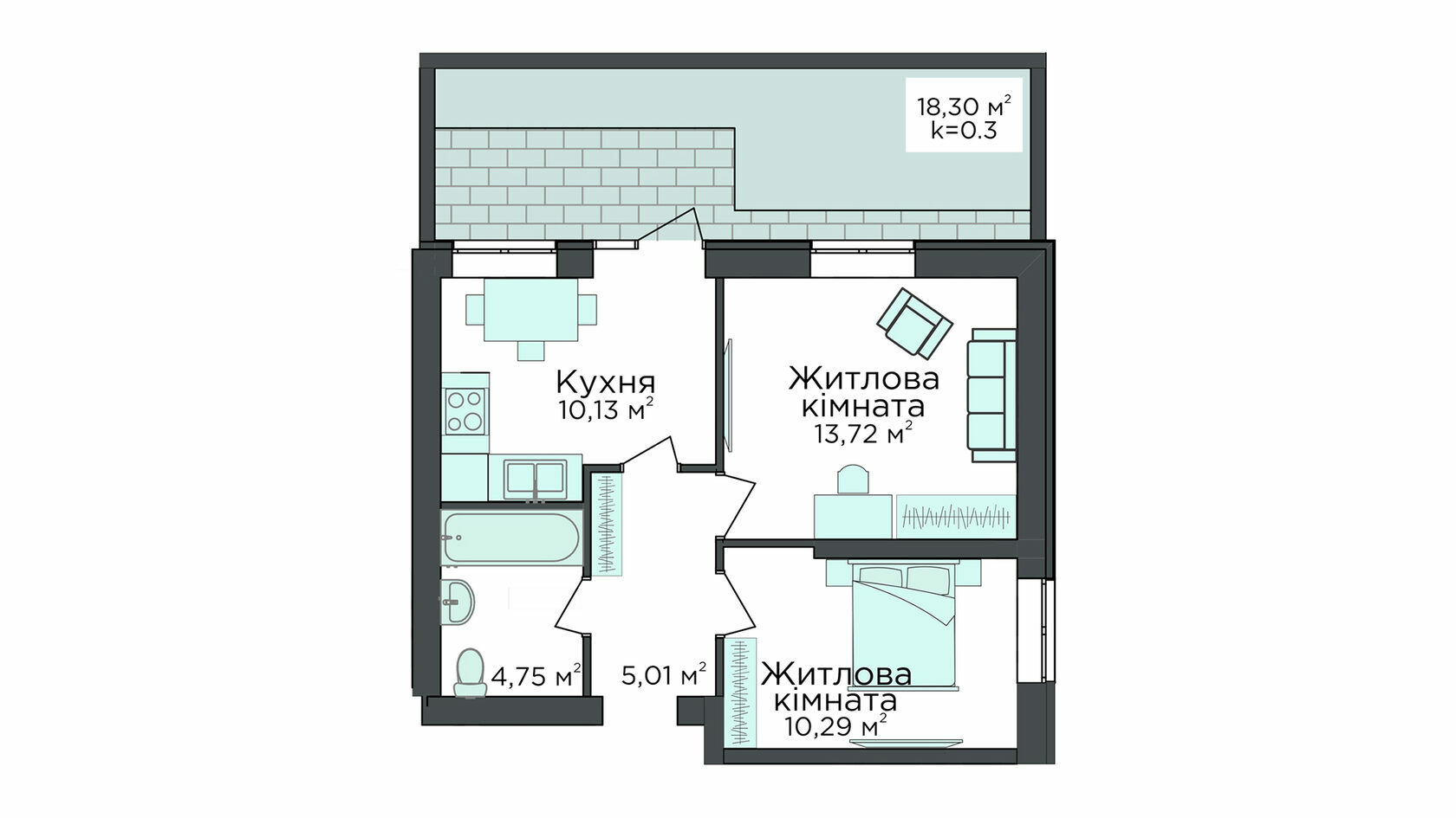 1-комнатная 49.35 м² в Клубная резиденция O`Club от 29 747 грн/м², с. Крюковщина