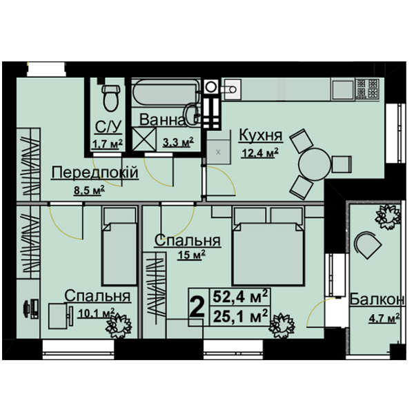 2-кімнатна 52.4 м² в ЖК Vlasna від 23 000 грн/м², с. Ходосівка