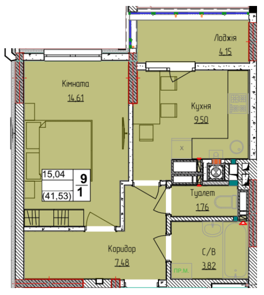1-кімнатна 41.53 м² в ЖК Піонерський квартал 2 від 26 600 грн/м², смт Чабани
