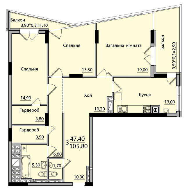 3-кімнатна 105.8 м² в ЖК Панорама від 18 200 грн/м², Чернівці