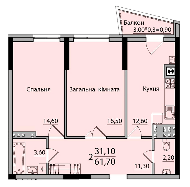 2-комнатная 61.7 м² в ЖК Панорама от 18 200 грн/м², Черновцы