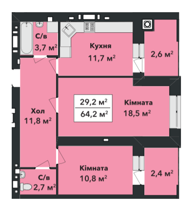 2-кімнатна 64.2 м² в ЖК Перлина Проскурова-3 від 16 800 грн/м², Хмельницький