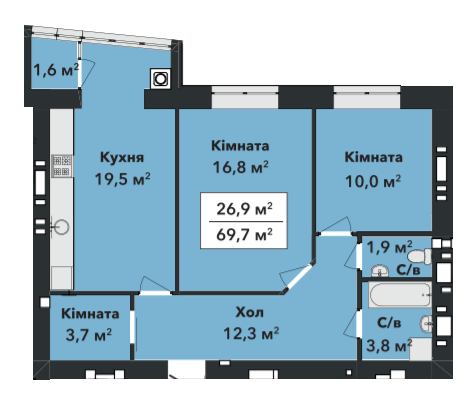 2-кімнатна 69.7 м² в ЖК Перлина Проскурова-3 від 16 800 грн/м², Хмельницький