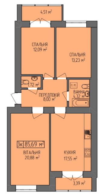 3-комнатная 85.69 м² в ЖК Водограй от 15 850 грн/м², Ивано-Франковск