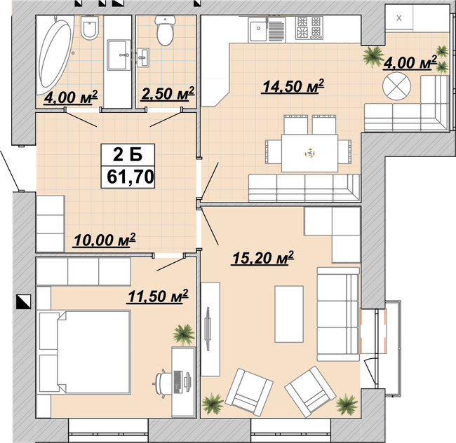 2-комнатная 61.7 м² в ЖР Княгинин от 14 000 грн/м², Ивано-Франковск