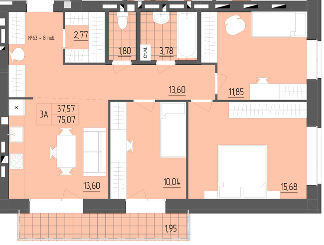 3-кімнатна 75.07 м² в ЖК ZigZag від 16 300 грн/м², Рівне