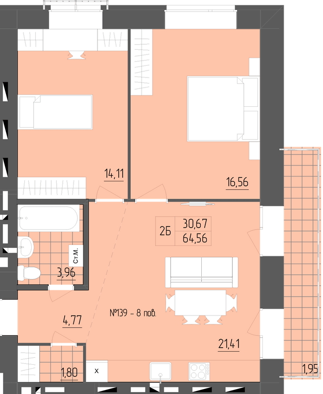 2-кімнатна 64.56 м² в ЖК ZigZag від 16 300 грн/м², Рівне