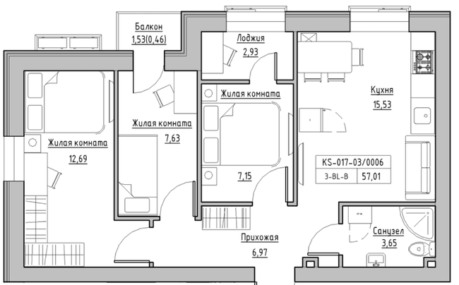 3-комнатная 57.01 м² в ЖК KEKS от 21 050 грн/м², пгт Авангард