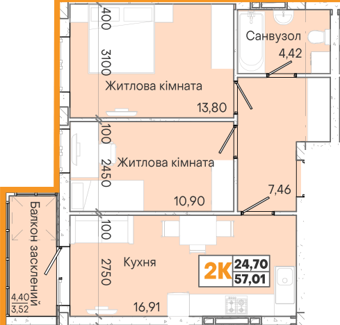 2-комнатная 57.01 м² в ЖК Акварель-7 от 21 700 грн/м², Одесса