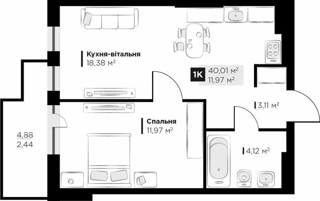 1-кімнатна 40.01 м² в ЖК PERFECT LIFE від 23 400 грн/м², м. Винники