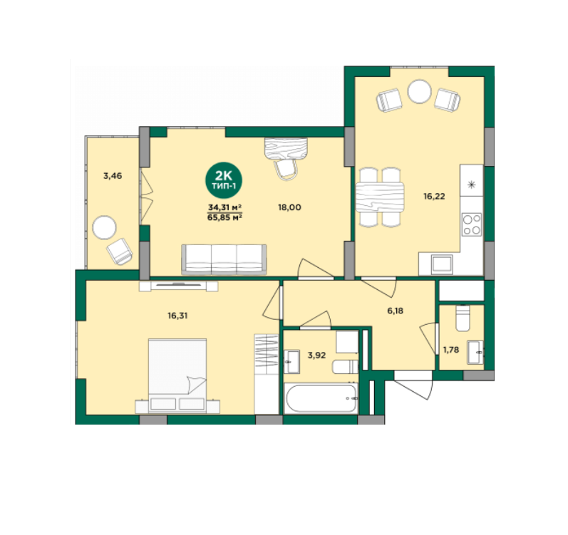 2-комнатная 65.86 м² в ЖК Wellspring от 25 750 грн/м², г. Вишневое
