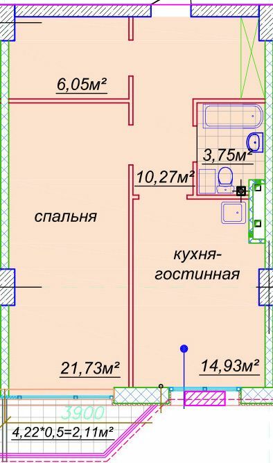 1-кімнатна 60.79 м² в ЖК Миронова від 42 250 грн/м², Дніпро