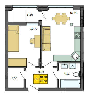 1-кімнатна 41 м² в ЖК Амстердам від 20 000 грн/м², с. Струмівка