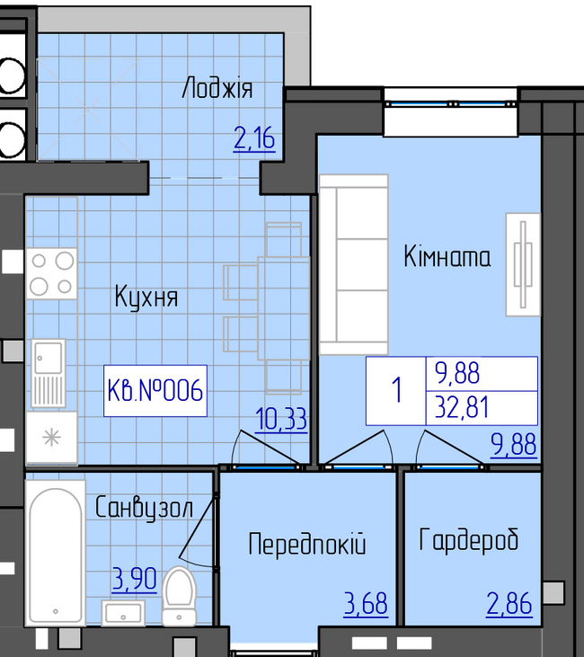 1-комнатная 32.81 м² в ЖК 9 Район от 16 800 грн/м², г. Мукачево