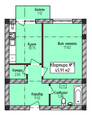 1-кімнатна 45.91 м² в ЖК Радищева від 20 250 грн/м², Ужгород