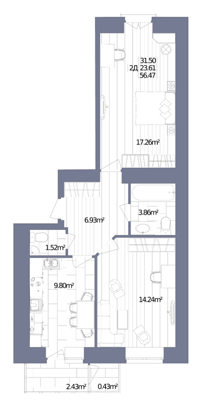 2-кімнатна 56.47 м² в ЖК Oliva від 19 000 грн/м², м. Горишні Плавні