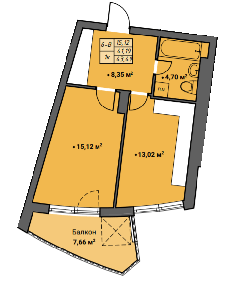 1-кімнатна 43.49 м² в ЖК Amber Park від 18 650 грн/м², Рівне