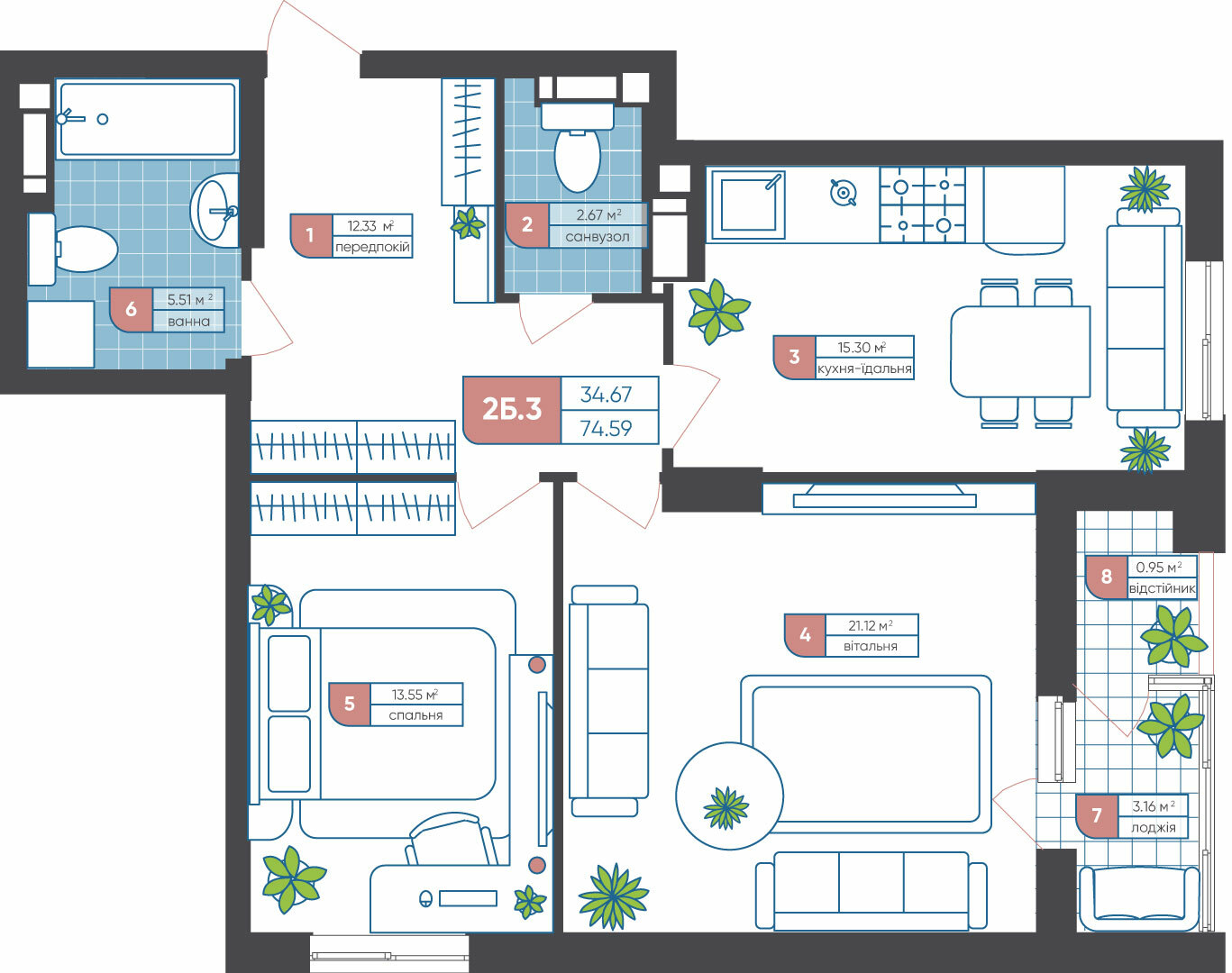 2-комнатная 74.59 м² в ЖК Академ-Квартал от 32 769 грн/м², Киев