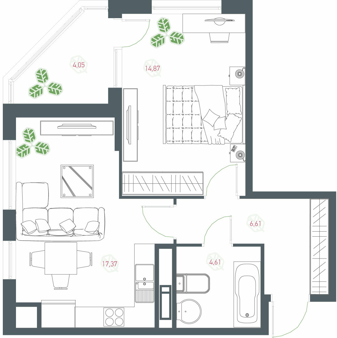 1-комнатная 47.25 м² в ЖК Озерный гай (Гатное) от 31 584 грн/м², с. Гатное