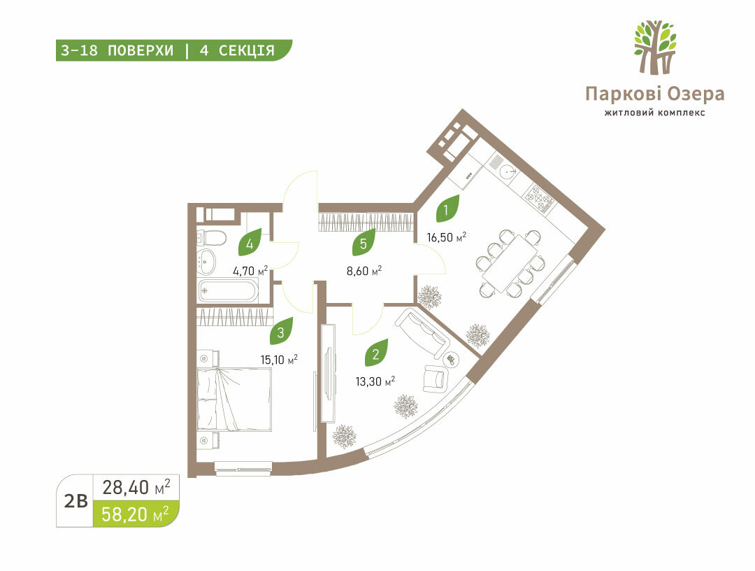2-комнатная 58.2 м² в ЖК Парковые Озера 2 от 52 019 грн/м², Киев