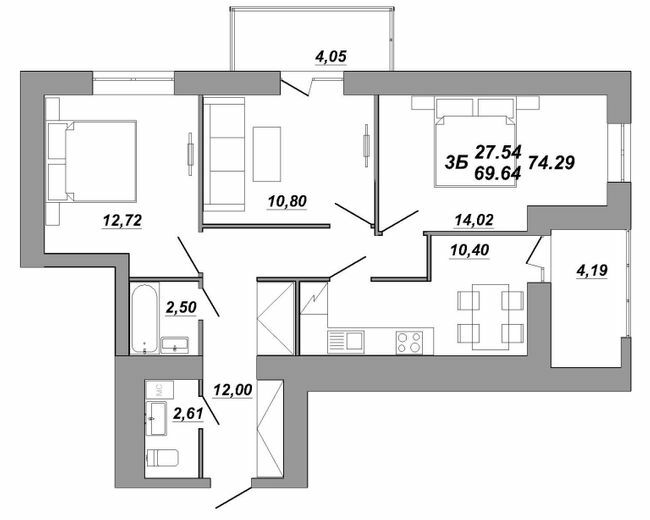 3-комнатная 74.29 м² в ЖК Рідний Дім от 14 500 грн/м², Тернополь