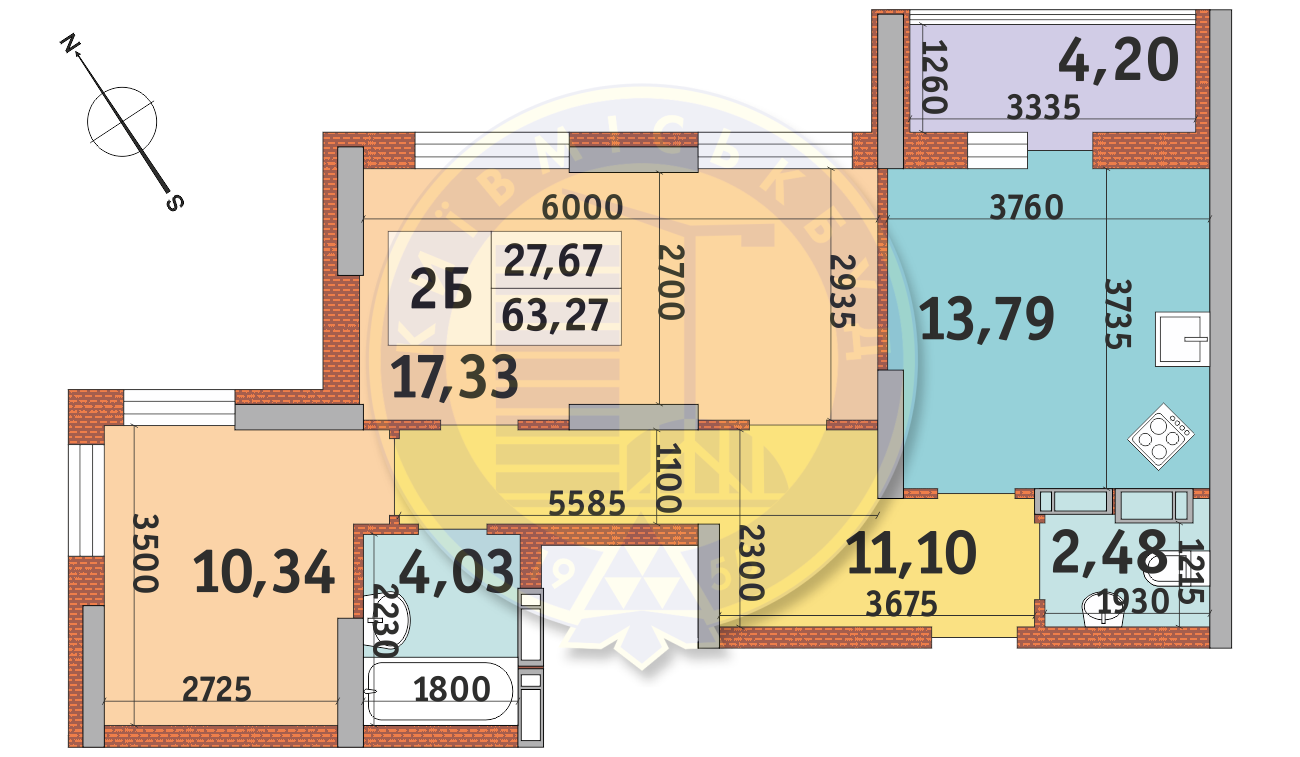 2-комнатная 63.27 м² в ЖК Медовый-2 от 35 525 грн/м², Киев