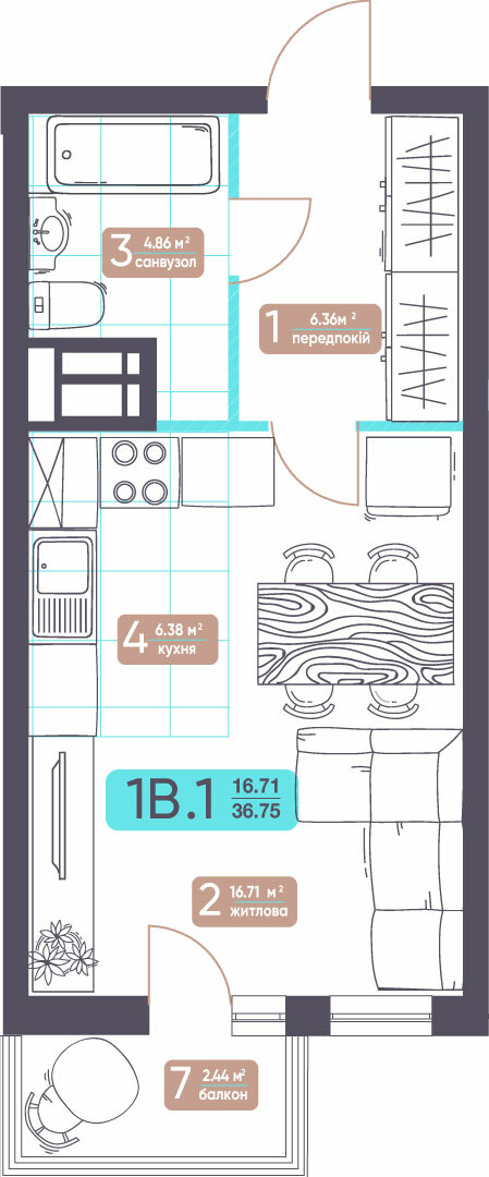 1-кімнатна 36.75 м² в ЖК Теремки від 41 996 грн/м², Київ