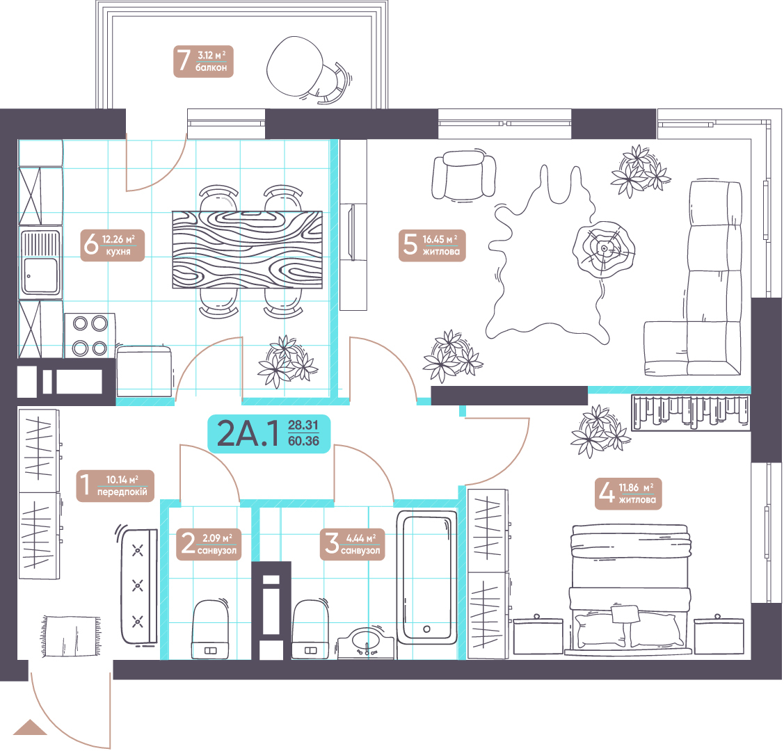 2-комнатная 60.36 м² в ЖК Теремки от 37 393 грн/м², Киев