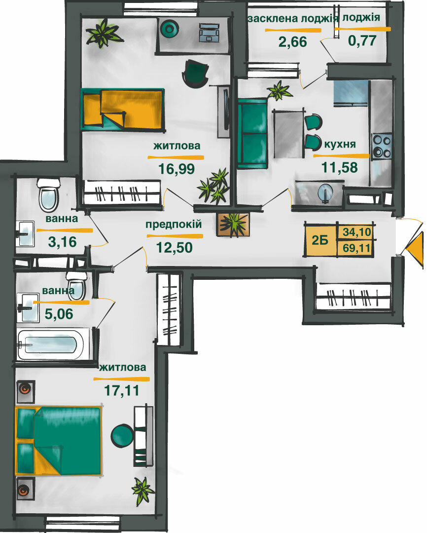 2-комнатная 69.11 м² в ЖК Сырецкие сады от 32 364 грн/м², Киев