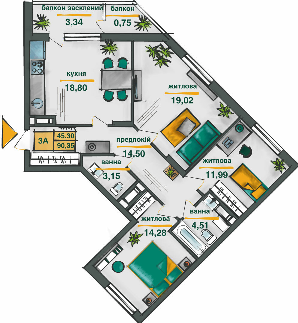 3-комнатная 90.35 м² в ЖК Сырецкие сады от 30 739 грн/м², Киев