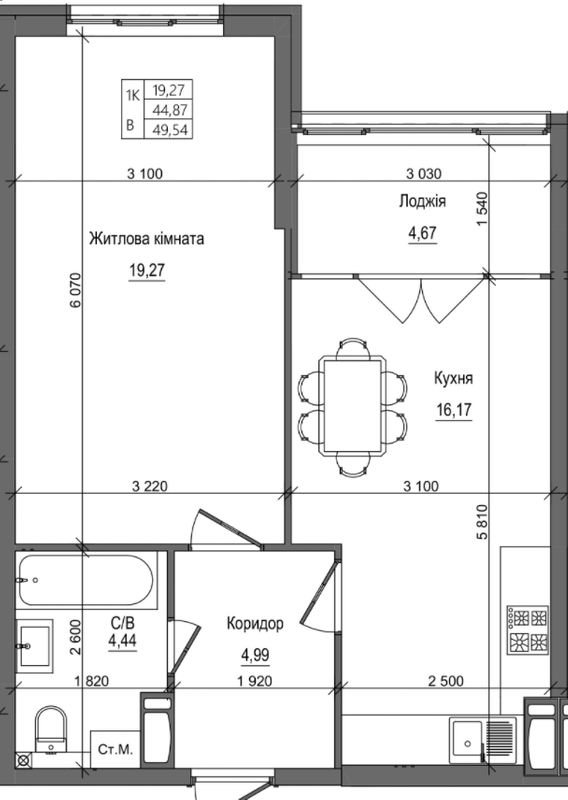 1-кімнатна 49.54 м² в ЖК на вул. Петлюри, 28 від 23 500 грн/м², м. Бровари