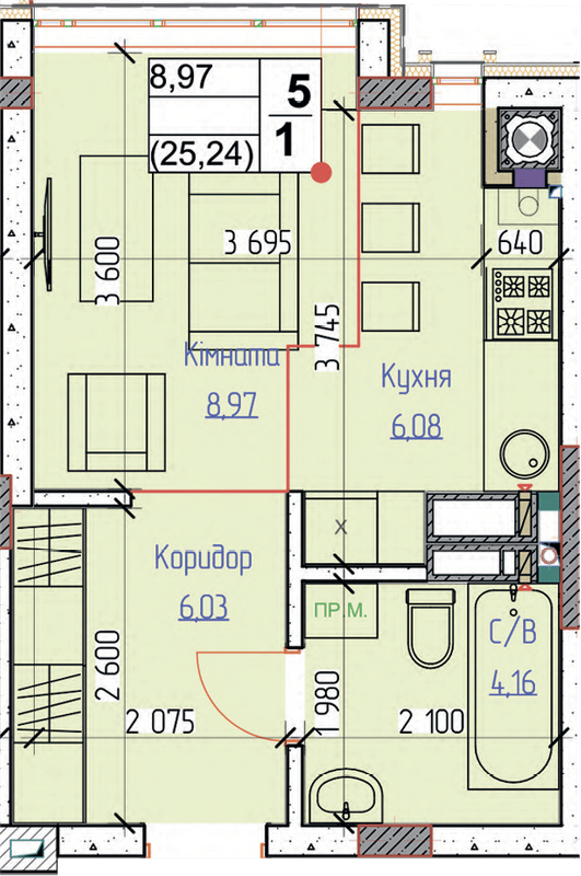 1-комнатная 25.24 м² в ЖК Пионерский квартал от 26 000 грн/м², г. Вишневое