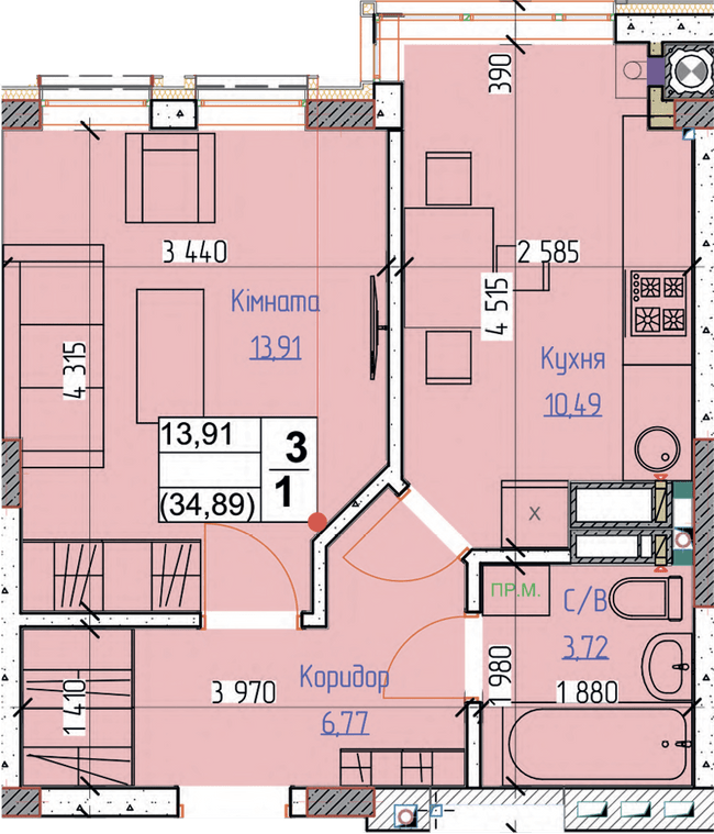 1-кімнатна 34.89 м² в ЖК Піонерський квартал від 26 000 грн/м², м. Вишневе
