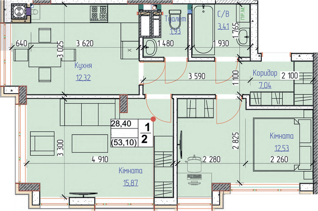2-кімнатна 53.1 м² в ЖК Піонерський квартал від 26 000 грн/м², м. Вишневе