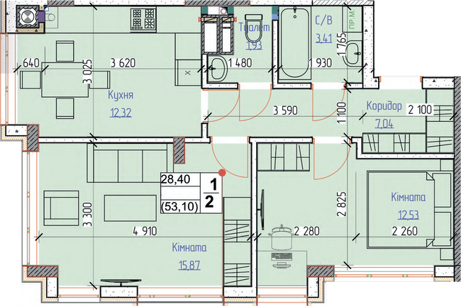 2-комнатная 53.1 м² в ЖК Пионерский квартал от 26 000 грн/м², г. Вишневое