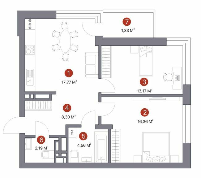2-комнатная 63.68 м² в ЖК 7 KVARTAL от 27 450 грн/м², Киев