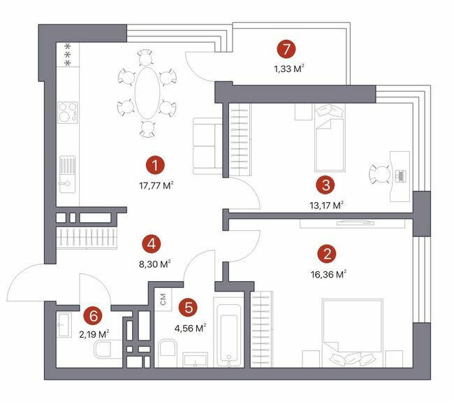 2-кімнатна 63.68 м² в ЖК 7 KVARTAL від 27 450 грн/м², Київ